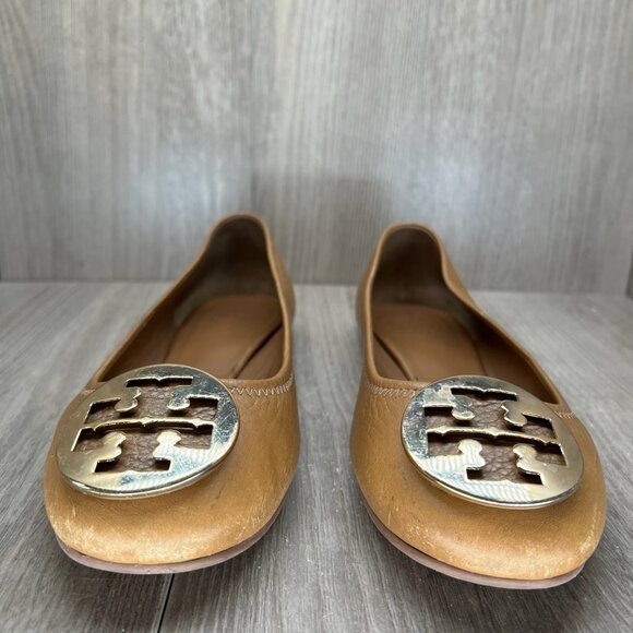 Tory Burch Reva Ballet Flats Womens 8.5M Gold Logo Slip On Pebbled Leather Brown - Picture 4 of 13
